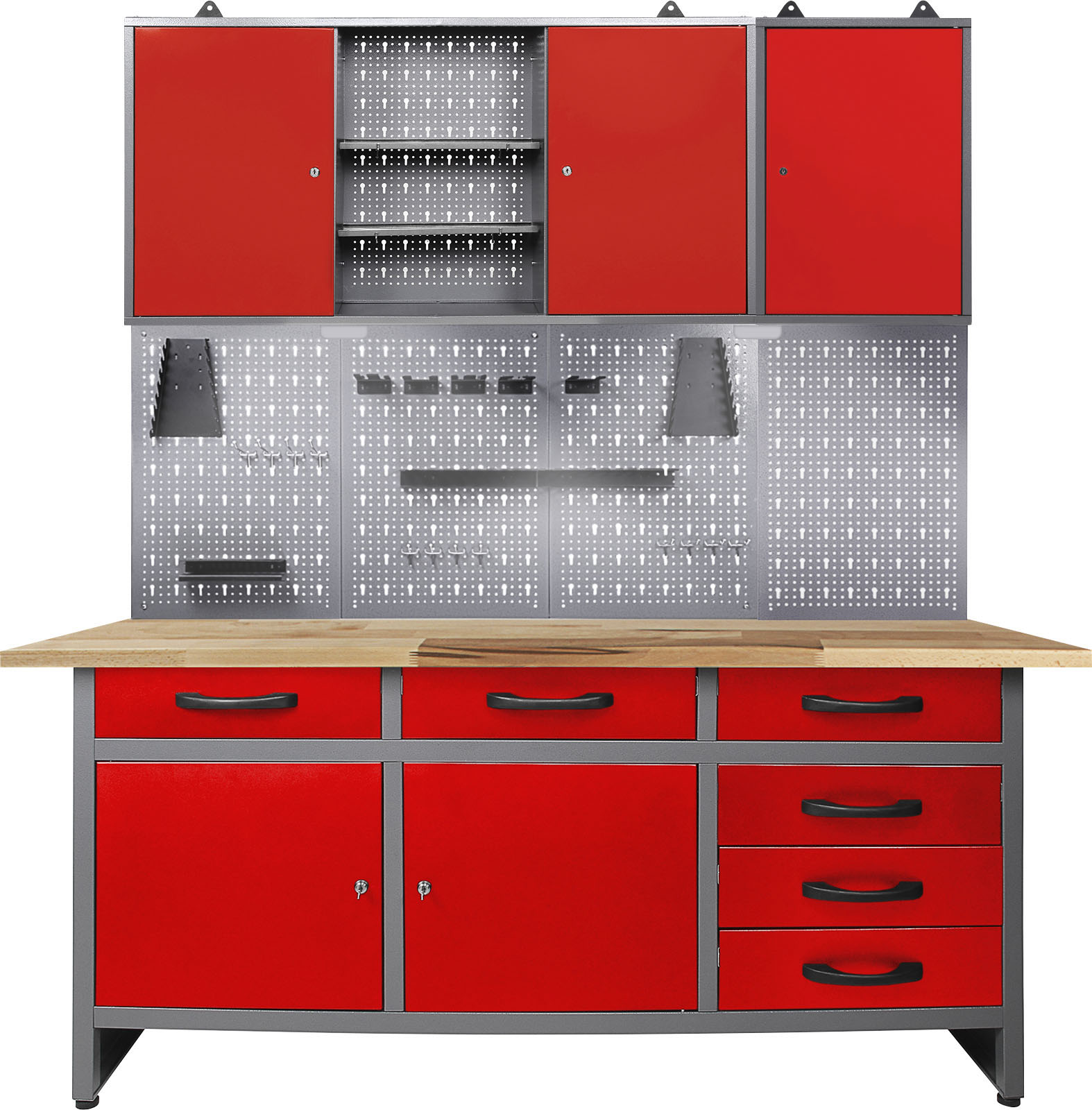 Werkstatt-Set ONDIS24, rot (anthrazit, rot), B:160cm H:205cm T:60cm, Metall, Werkbänke, 160 cm, mit LED