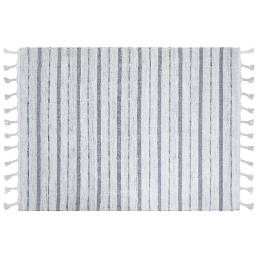 Outdoor Teppich Weiß / Grau Kunststoff 140 x 200 cm Rechteckig mit Fransen Handgewebt Streifenmuster Modern Wohnzimmer Deko Garten Indoor