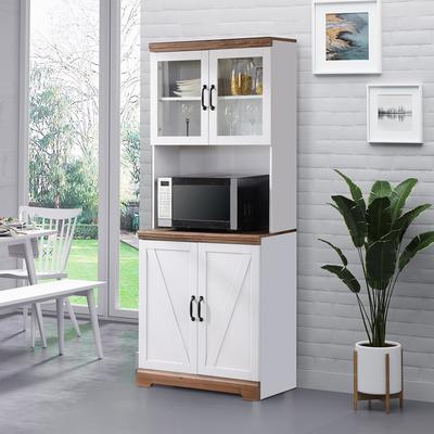 HOMCOM 70" Farmhouse Kitchen Buffet with Hutch, Cupboard Cabinet with Glass Doors, Adjustable Shelves, Microwave Countertop