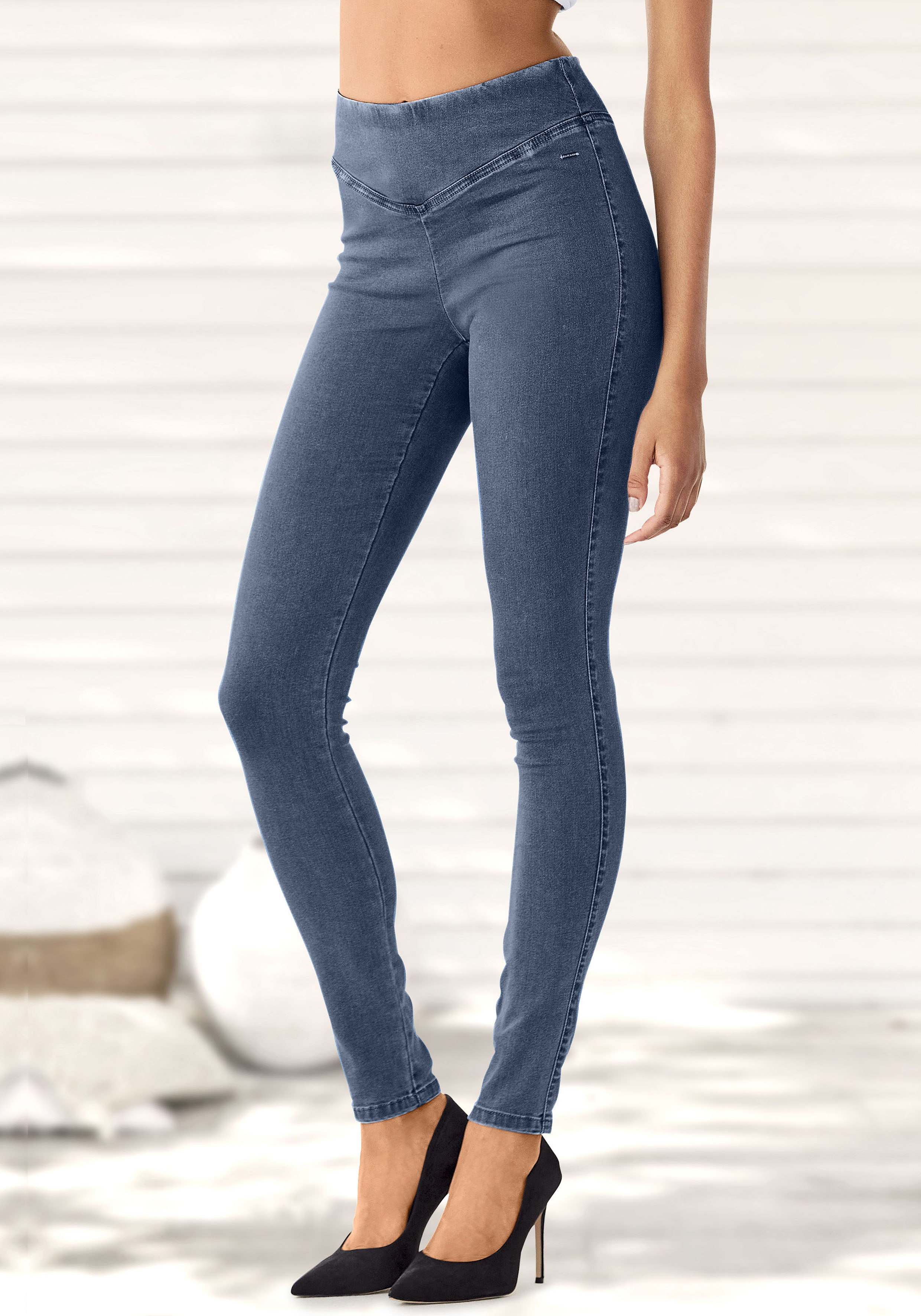 Jeggings BUFFALO, Damen, Gr. 42, N-Gr, blau (jeansblau, blau), Web, Obermaterial: 69% Baumwolle, 21% Polyester, 8% Viskose, 2% Elasthan, unifarben, Basic, figurbetont, Hosen Jeggings, mit breitem Bund