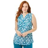 Plus Size Women's Twist Front Knit Tank by The London Collection in Deep Teal Brushed Tribal (Size M)