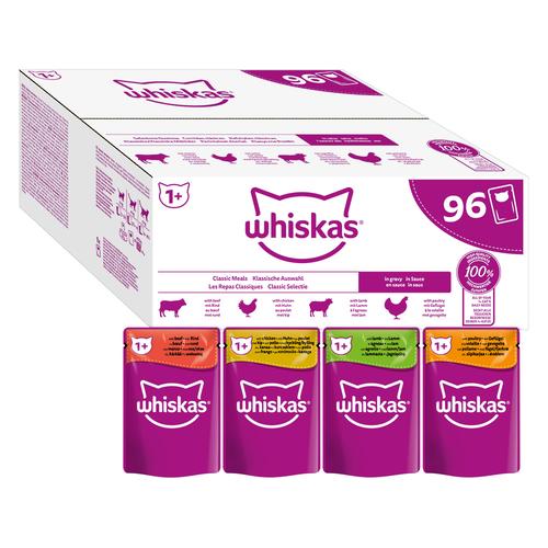 96x85g Klassische Auswahl in Sauce Jumbopack Whiskas 1+ Adult Frischebeutel Katzenfutter nass