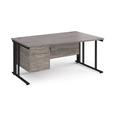 Maestro 25 right hand wave desk 1600mm wide with 2 drawer pedestal - black cable managed leg frame, grey oak top