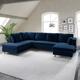 6 Seater U Shaped Corner Sofa Bed with Storage in Navy Velvet - Left Hand Facing - Boe