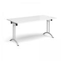 Rectangular folding leg table with silver legs and curved foot rails