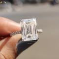 5.25 Ct Emerald Cut Colorless Moissanite Engagement Ring, Pave Band, Hidden Halo, Custom Wedding Ring For Women, Bride