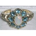 9K 375 English Yellow Gold Natural Opal & Blue Topaz Cluster Flower Ring, Engagement Ring - Made in England -Customize9K, 14K, 18K, Gold