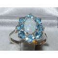 9K Solid English White Gold Natural Opal & Blue Topaz Cluster Flower Ring, Engagement Ring - Made in England Customizable