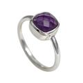 Faceted Square Cut Natural Amethyst Gemstone Sterling Silver Stackable Solitaire Ring