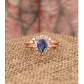Art Deco Matching Ring, Solid Rose Gold Wedding Ring Set, Pear Cut 6x9mm Sapphire Delicate Handmade Jewelry, Women Set Vintage