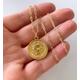 Gold Rose Necklace Medallion Pendant Vintage Style Coin Filled Figaro Chain Boho Chic Flower Nature Jewelry