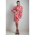 Red Floral Print Belted Shirt Dress Long Sleeves Flower Printed Cotton Vintage 70S Small Medium S M