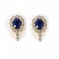 Oval Shape Halo Earrings, 18K Solid Yellow Gold Studded With Cut Blue Sapphire & Diamond Daily Wear Earrings Gift For Her