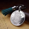 1961 UK Half Crown Coin Teal Tassel Keyring 63rd Birthday Gift Birth Year Souvenir Men Women British Metal Keychain