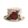 Natural Linen Women's Summer Hat, English Country Style, Fabric Sun Hat With Red Rose Trim & Beige Sash, Packable Holiday Beach Ladies