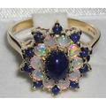 Solid 18K Yellow Gold Natural Blue Lapis Lazuli & Opal Cluster Ring, Statement Ring - Made in England Customizable