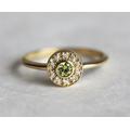 Round Peridot & Diamond Halo Ring in 14K Or 18K Solid Gold With Bezel Pave Setting, 3mm Green Center Stone