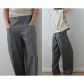 Gray Linen Wide-Leg Pants/Ribbon Waist/Vintage