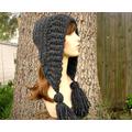 Chunky Crochet Hat With Tassels, Womens Hood, Hat, Winter Ear Flap Adult Bonnet, Tassel Charcoal Grey