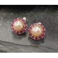 Pearl Earrings, Beige Natural Pearl, Victorian June Birthstone, Vintage Round Silver Earrings