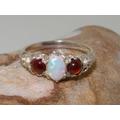 Solid 10K White Gold Opal & Cabochon Cut Garnet Trilogy Vintage Style Ring, Victorian Inspired Ornate Ring