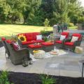 MeetLeisure 8 Pieces Outdoor Furniture Patio Furniture Set with One 3-Seat Sofa Two Swivel Rocking Chairs Two Armchairs Two Ottomans One Side Table Red
