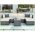 SESSLIFE 7-Piece Sectional Patio Furniture Rattan Outdoor Conversation Set with Coffee Table and 2 Pillows Patio Sofa Sets for Porch Deck Poolside