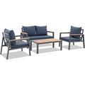 JOIVI Aluminum Patio Furniture Set 4 Pieces Outdoor Conversation Set with Teak Wood Top Coffee Table Patio Sectional Sofa Set for Poolside Lawn Backyard Gray Frame/ Navy Blue Cushion