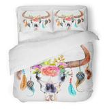 ZHANZZK 3 Piece Bedding Set Red Cow Watercolor Bull Skull Flowers and Feathers Colorful Twin Size Duvet Cover with 2 Pillowcase for Home Bedding Room Decoration