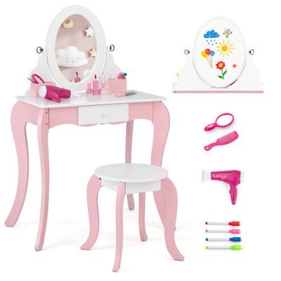 Costway Pretend Kids Vanity Set with 360° Rotatable Mirror and Play Accessories