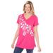 Plus Size Women's Short-Sleeve Foil Tunic by Woman Within in Raspberry Sorbet Foil Falling Roses (Size 5X)