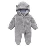 Qufokar Baby Girl Winter Little Girl Romper Baby Girl Boy Cute Solid Long Sleeves Cartoon Ear Fleece Footed Hooded Zipper Romper Warm Jumpsuit Outfits