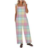 JWZUY Women s Casual Sleeveless Plaid Print Jumpsuit Long Cotton Linen Romper Tie Strappy Trousers Multicolor XXL