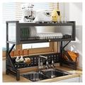 2 Tier Over Sink Dish Drying Rack, Multifunctional Expandable Counter Organizer Storage Drainer Shelf Holder Hooks，with Cabinet Door (Color : Black, Size : 65x34.5x82cm)