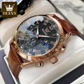 OLEVS-Montre à quartz chronographe en cuir marron pour homme montres étanches marque supérieure