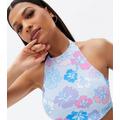 NA-KD Blue Floral Halter Crop Top New Look