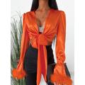 Women Blouses 90s Satin Puff Sleeve Feather Trim Wrap Blouse S Orange