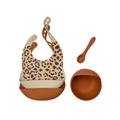 SILICONE BIBS BOWL AND SPOON BABY FEEDING SET - Animal Print and Tan | Style My Kid