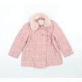 NEXT Girls Pink Plaid Pea Coat Coat Size 2-3 Years - Faux fur Collar