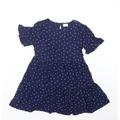 F&F Girls Blue Polka Dot Viscose T-Shirt Dress Size 7-8 Years Crew Neck Button