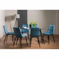 Bentley Designs Cosmo Clear Tempered Glass 6 Seater Dining Table & 6 Mondrian Petrol Blue Velvet Fabric Chairs With Black Legs