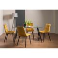 Bentley Designs Cosmo Clear Tempered Glass 6 Seater Dining Table & 4 Mondrian Mustard Velvet Fabric Chairs With Black Legs