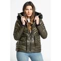Tokyo Laundry Womens High Shine Quilted Jacket With Faux Fur Trim Hood - Khaki Nylon - Size 14 UK