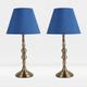 First Choice Lighting - Pair of Antique Brass Plated Bedside Table Light with Detailed Column and Blue Fabric Shade - Antique brass plate and