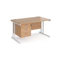 Maestro 25 Beech Straight Office Desk with 3 Drawer Pedestal and White Cantilever Leg Frame - 1400mm x 800mm