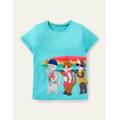 Short-sleeved Appliqué T-shirt Turquoise Girls Boden, Turquoise Surfing Cats