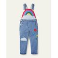 Rainbow Appliqué Dungarees Denim Girls Boden, Mid Vintage Denim