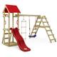 Wooden climbing frame TinyLoft with swing set and slide, Garden playhouse with sandpit, climbing wall & play-accessories - red - red - Wickey