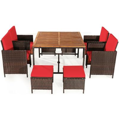 Costway 9 Pieces Patio Rattan Dining Cushioned Chairs Set-Red