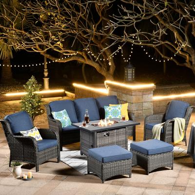 OVIOS Grey Wicker 6-piece Patio Furniture Set With Rectangular Fire Pit